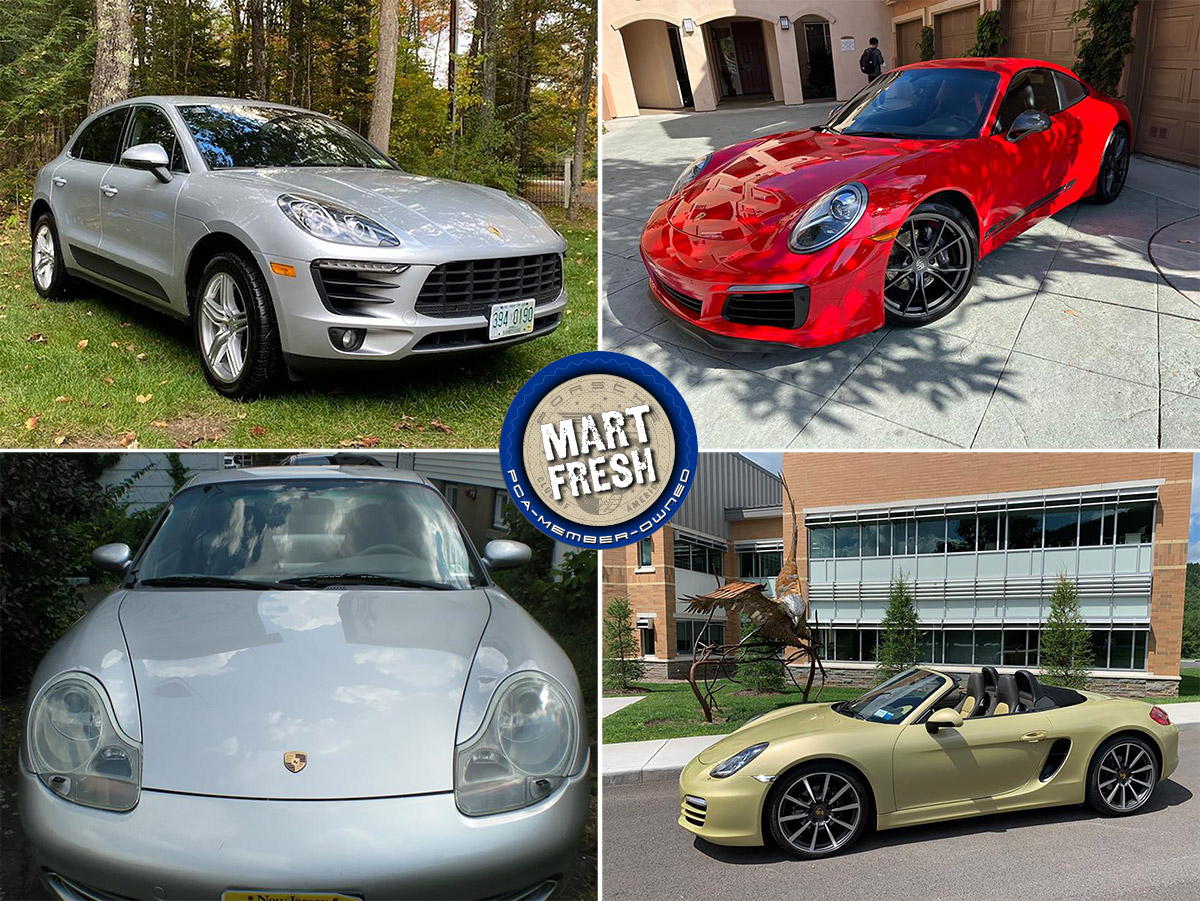 1999 Porsche 911 Carrera 4, 2013 Boxster, 2016 Macan S, and 2019 911  Carrera T, Mart Fresh