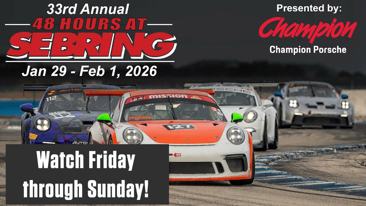 48 Hours at Sebring 2026 | PCA Club Racing LIVE on PCA's YouTube Jan. 30-Feb. 1